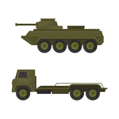 Armoured Tank and Truck as Military Machine and Armored Vehicle for Warfare Vector Set