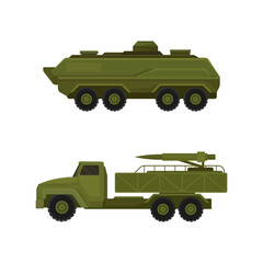Fototapeta premium Military Machine and Armored Vehicle for Off-road Track Vector Set