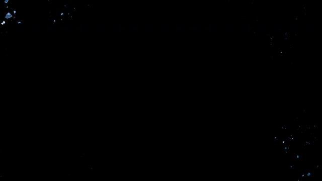 Ice crystals or glass surface cracks, breaks into pieces and falls into a hole revealing a black background. 3D animated intro, alpha channel as matte mask included.