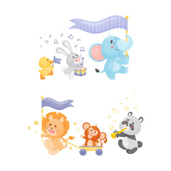 Cute Animals Carrying Flag and Playing Musical Instrument Vector Set