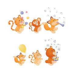 Cute Animals Carrying Balloon, Juggling Balls and Playing Musical Instrument Vector Set