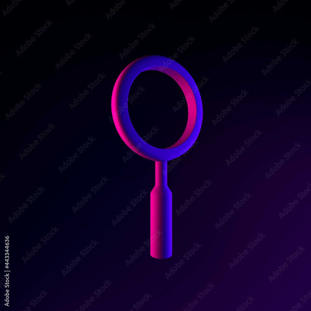 Poster neon minimalistic magnifier icon. 3d rendering ui ux interface element. dark glowing symbol.