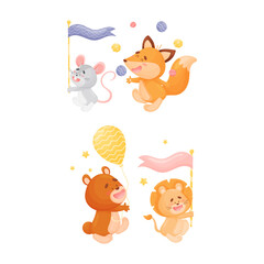 Cute Animals Carrying Flag and Juggling Balls Vector Set