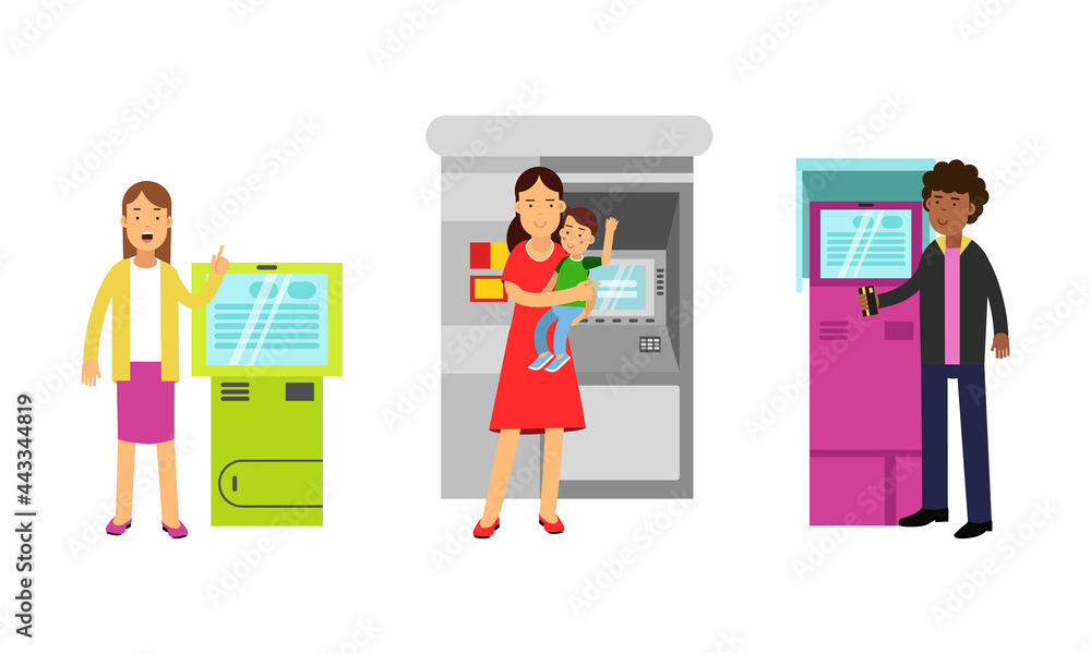 Poster people characters using electronic self service terminals and atm machine vector illustration set