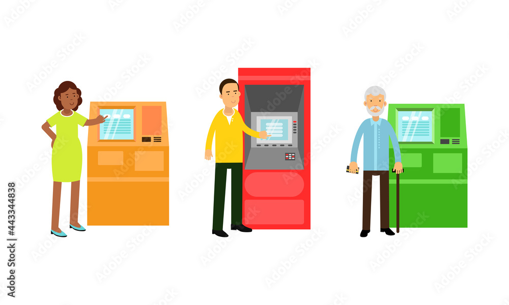 Aufkleber people characters using electronic self service terminals and atm machine vector illustration set