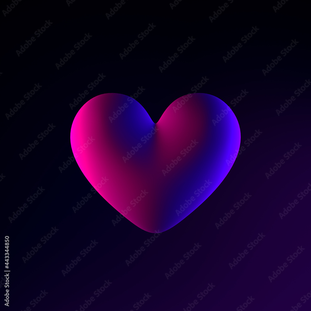 Poster neon realistic heart icon. 3d rendering ui ux interface element. dark glowing symbol.