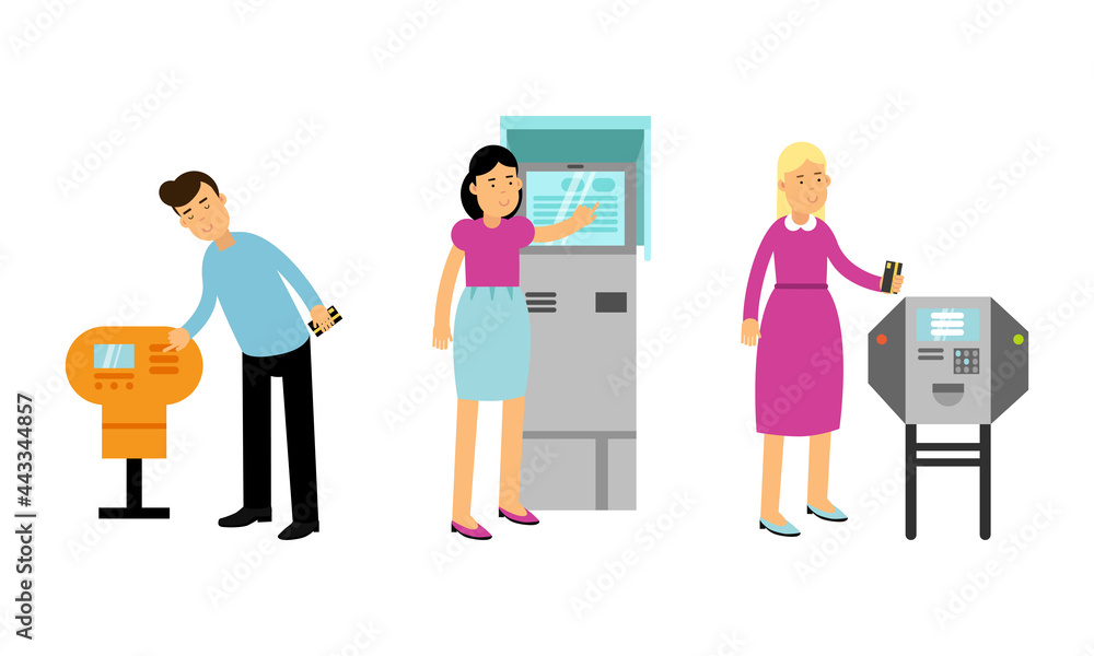 Poster people characters using electronic self service terminals and atm machine vector illustration set