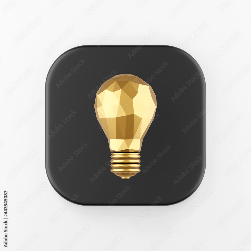 Poster gold low poly light bulb icon. 3d rendering black square key button, interface ui ux element.