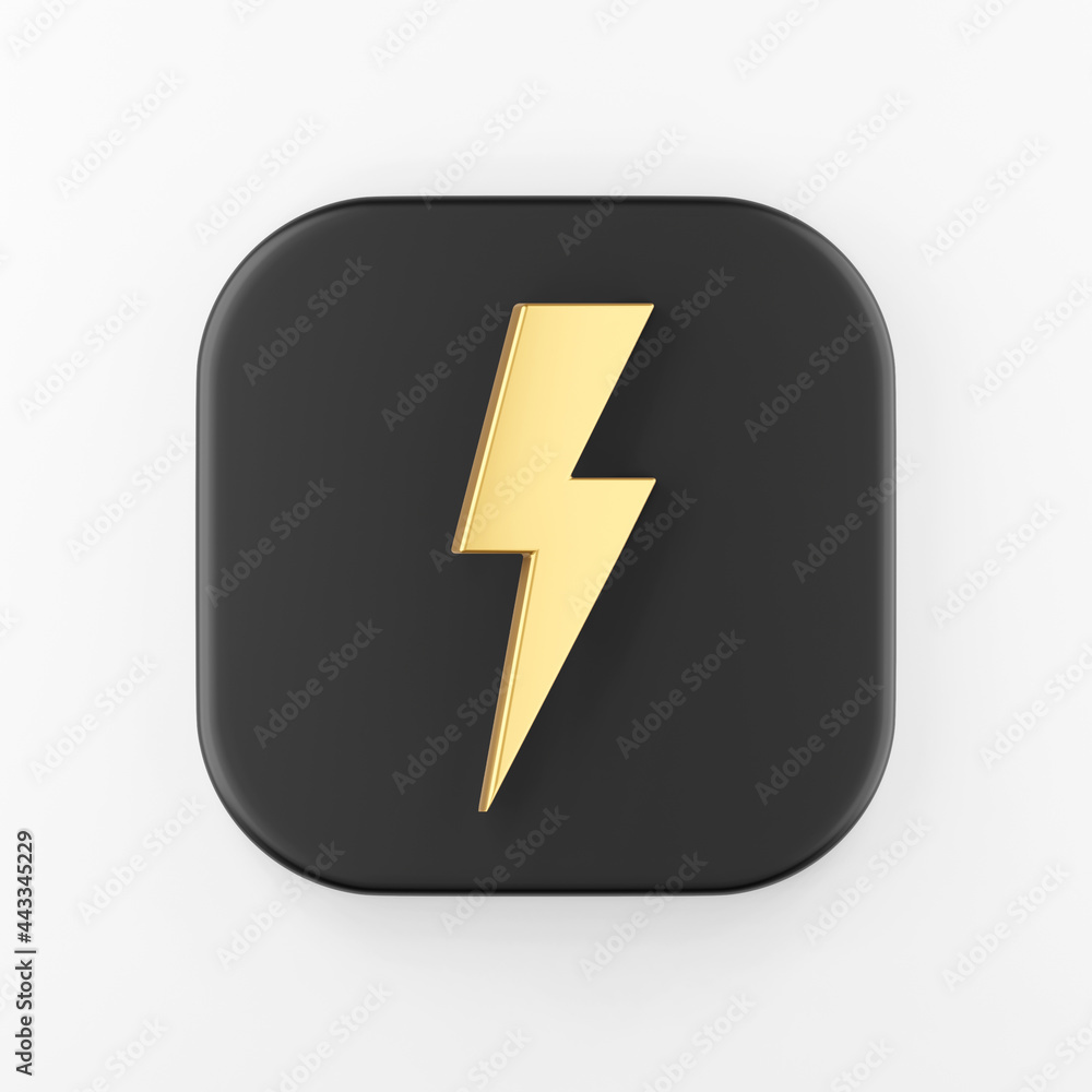 Poster golden lightning icon. 3d rendering black square key button, interface ui ux element.