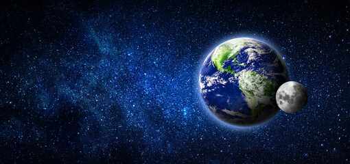 Earth and moon in dark space. blue planets with the moon as a satellite. Elements of this image furnished by NASA