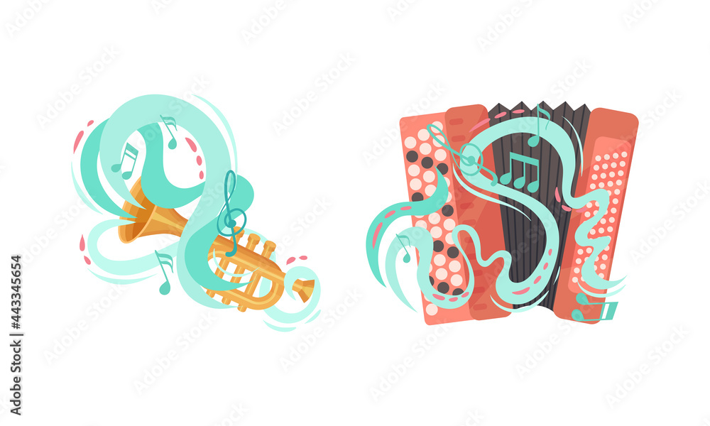 Poster musical instruments with accordion and trumpet twisted with decorative swirling line and note vector