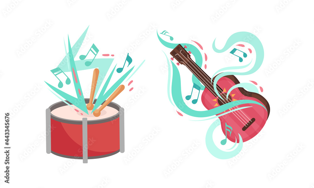 Poster musical instruments with drum and guitar twisted with decorative swirling line and note vector set