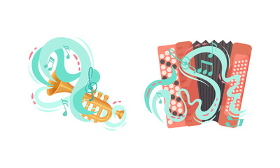 Musical Instruments with Accordion and Trumpet Twisted with Decorative Swirling Line and Note Vector Set