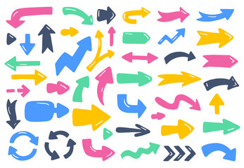 Vector set of hand-drawn arrows. Design collection with colorful silhouettes of arrows for presentation, and infographic. Hand-drawn, doodle elements isolated on white background.
