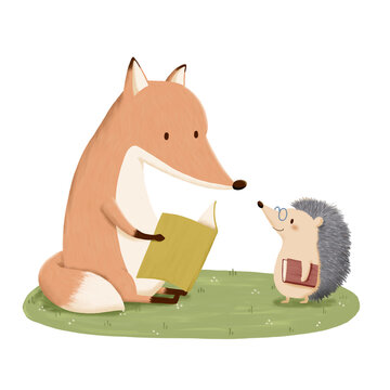 recommend clip art: 本を読むキツネとハリネズミのイラスト
