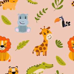 Seamless patterns with hand drawn animals. Lion, tiger, hippo, giraffe and toucan. Design for the nursery.