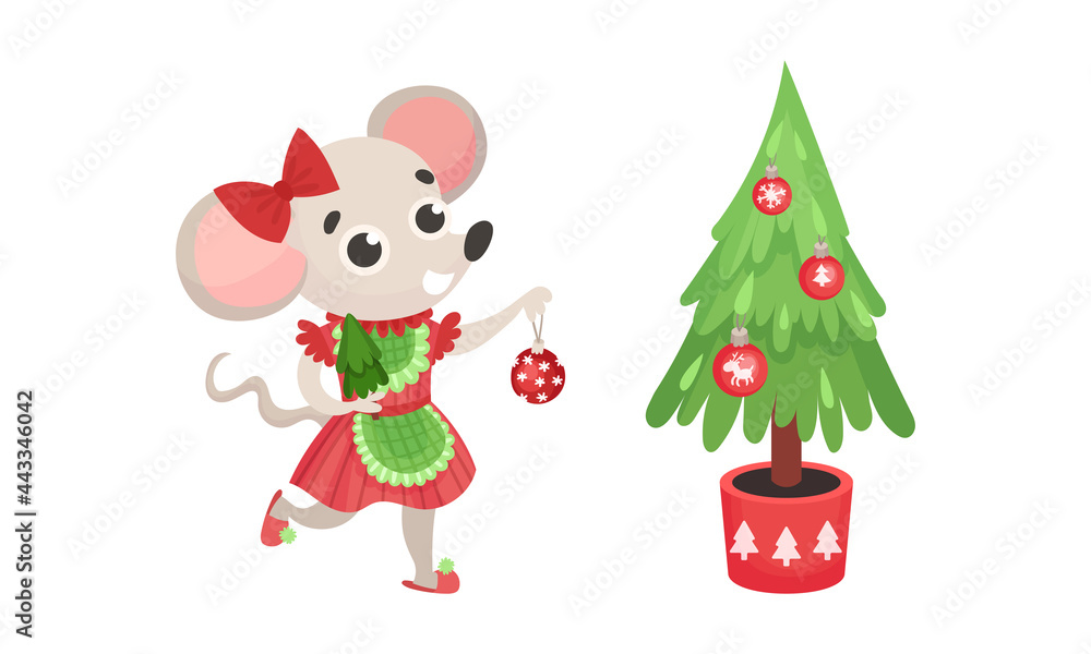 Aufkleber festive new year and christmas attribute with mouse character and fir tree with baubles vector set