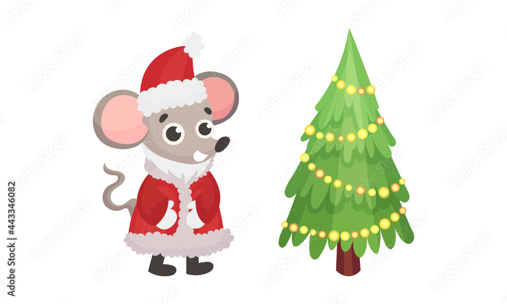 Poster festive new year and christmas attribute with mouse and decorated fir tree vector set