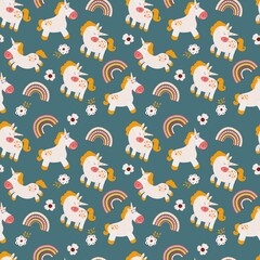 Seamless pattern with unicorns, flowers and rainbows. Decoration for the nursery.	
