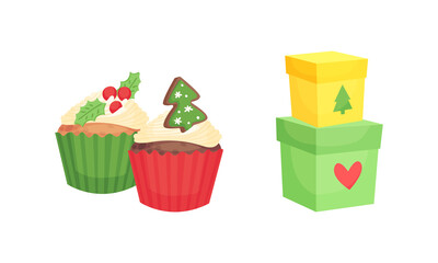 Festive New Year and Christmas Attribute with Cupcake and Gift Boxes Vector Set