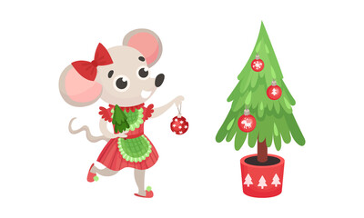 Festive New Year and Christmas Attribute with Mouse Character and Fir Tree with Baubles Vector Set