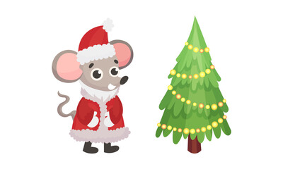 Festive New Year and Christmas Attribute with Mouse and Decorated Fir Tree Vector Set