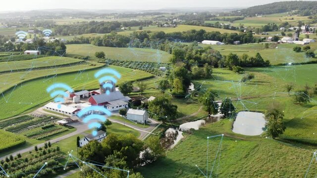 Public Rural Broadband Expansion legislation and taxpayer funding in USA. Aerial with network overlay VFX special effects.