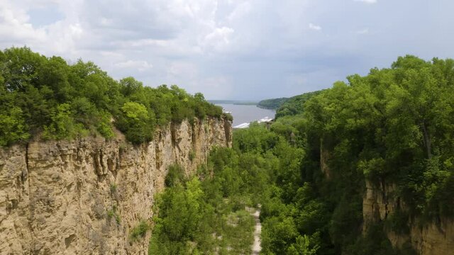 Drone Flying through Horseshoe Bluff in Mines of Spain Recreation Area, near Dubuque, Iowa
