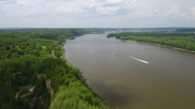 Aerial Hyperlapse Reveals Mississippi River Hidden behind Limestone Cliffs in Horseshoe Bluff Hiking Area. Iowa