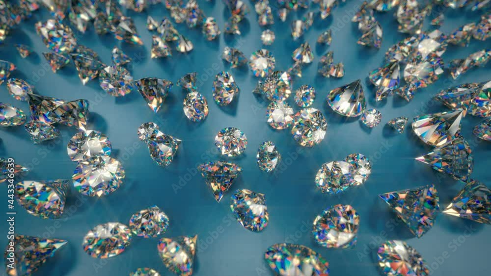 Poster colorful shining brilliant diamonds. 3d render seamless loop animation