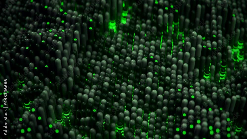 Aufkleber ripple waving glowing green capsules. closeup shot with dof. seamless loop 3d render animation