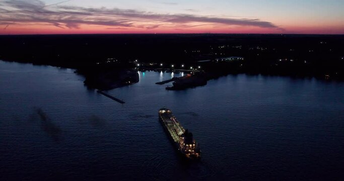 Sam Laud Gravel Ship Traveling Away From Kingsville Seaport During Sundown In Canada. aerial