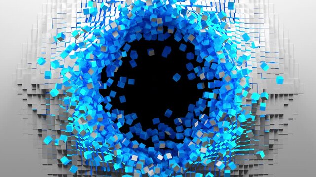 Blue cubes move out from the center of white screen, a hole formed and reveals a black background. Abstract 3D animated intro. Alpha channel as matte mask included.
