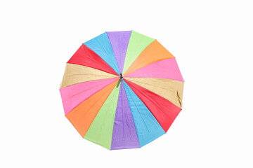 Multi colored sunshade umbrellas on isolated white background.