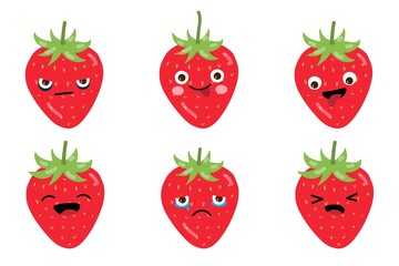 Strawberry cute emoji set. Happy, funny fruit faces. Different expressions and emotions. Emoticon. Flat cartoon vector isolated