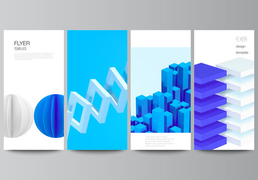 Vector layout of flyer, banner design templates for website advertising design, vertical flyer design, website decoration backgrounds. 3d render vector composition with dynamic geometric blue shapes.