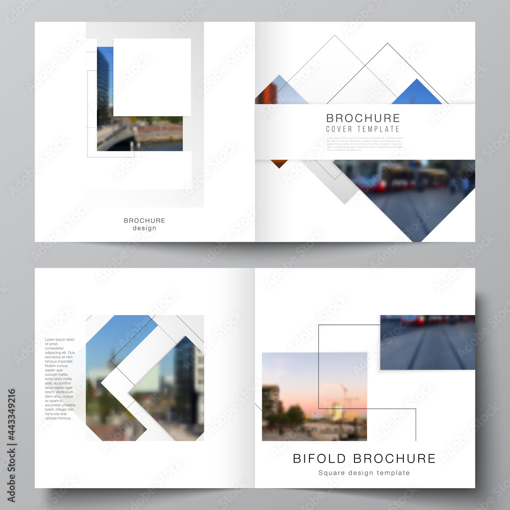 Poster vector layout of two covers templates with geometric simple shapes, lines and photo place for square