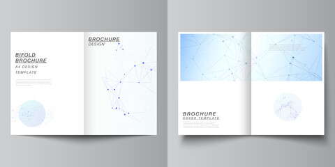 Vector layout of two A4 format cover mockups templates for bifold brochure, flyer, magazine, cover design, book design, brochure cover. Blue medical background with connecting lines and dots, plexus.
