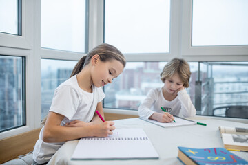 Siblings studying at home and doing lessons together