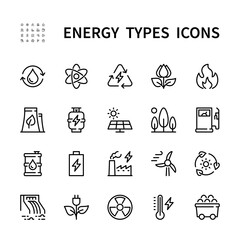 Types of energy vector line icons. Isolated icon collection of energy types for web sites on white background. Energy vector symbol set.