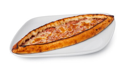 Turkish boat-shaped flatbread pide isolated on white
