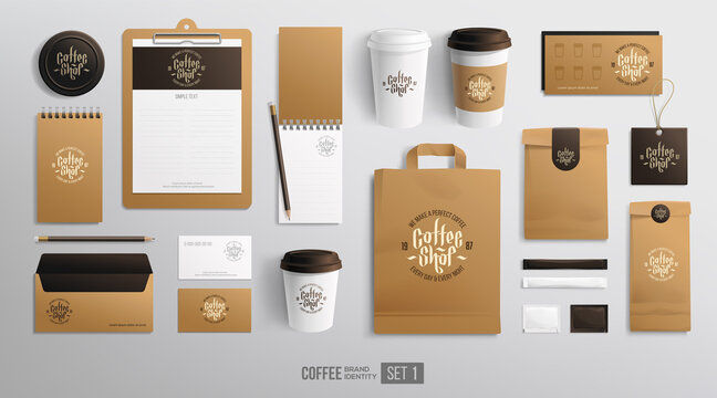 Coffee package Branding identity Mockup set for Cafe, restaurant. Coffee logo on food package. Corporate identity mockup set of paper coffee cup, shopping bag, menu, business card