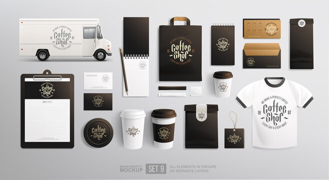 Food truck with Coffee branding identity on package Mockup set. Realistic MockUp set of delivery truck, uniform, paper cup, food package, shopping bag. Fast food and beverage package design