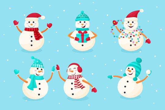 Set of funny snowmen in cartoon style. Vector illustration on holoboom background. Snowmen are preparing for the new year. Winter fun
