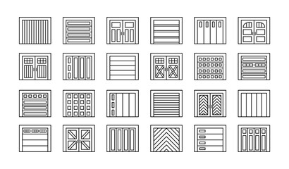 Obraz na płótnie Canvas Garage doors closed. Line icon set. Various types of warehouse or workshop gates. Vector illustration with exterior design signs. Isolated objects
