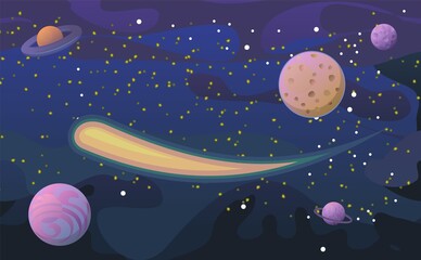 Fototapeta premium Cosmos background. Starry sky landscape. Planets and their satellites. A bright comet. Flat style. Cartoon design. Vector