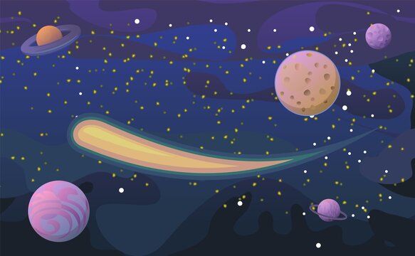 Cosmos background. Starry sky landscape. Planets and their satellites. A bright comet. Flat style. Cartoon design. Vector