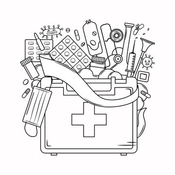 Medicine coloring book for adults. First aid kit, mask, bandage, syringe, virus in the outline style. Vector illustration
