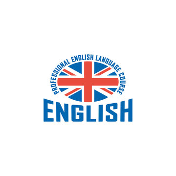 Colored flag illustration, text on a white background. Design element for emblem, label, sticker and badge. Vector illustration. English language school.