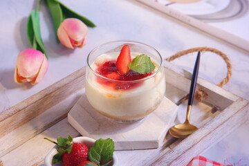 cheese cake in jar with strawberry 